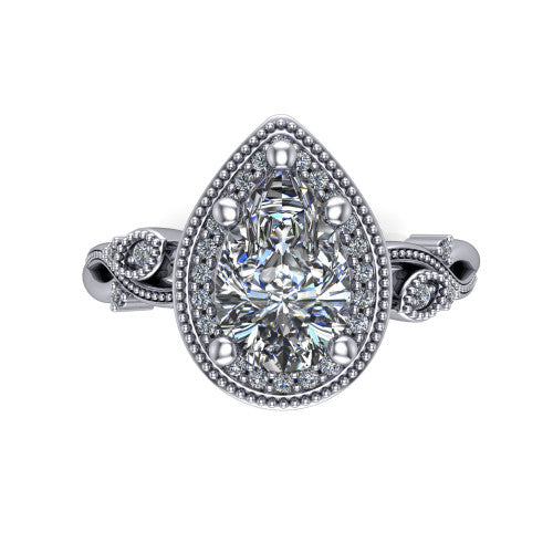 Eliana pear halo engagement ring in 18K White Gold, top-down view showing the center diamond framed by a milgrain-edged pav&eacute; halo