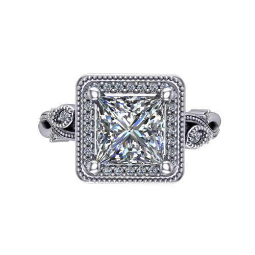 Eliana princess halo engagement ring in 18K White Gold, top-down view showing the center diamond framed by a milgrain-edged pav&eacute; halo