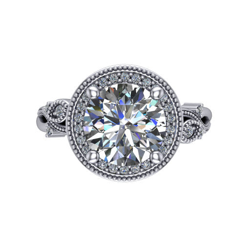 Eliana round halo engagement ring in 14K White Gold, top-down view showing the center diamond framed by a milgrain-edged pav&eacute; halo