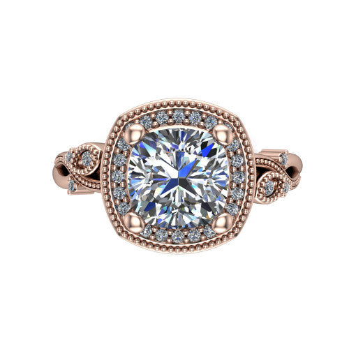 Eliana cushion halo engagement ring in 14K Rose Gold, top-down view showing the center diamond framed by a milgrain-edged pav&eacute; halo