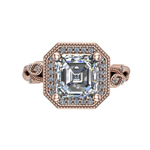 Eliana emerald halo engagement ring in 14K Rose Gold, top-down view showing the center diamond framed by a milgrain-edged pav&eacute; halo