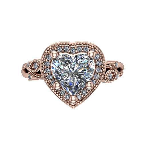 Eliana heart halo engagement ring in 18K Rose Gold, top-down view showing the center diamond framed by a milgrain-edged pav&eacute; halo