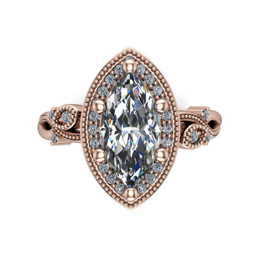 Eliana marquise halo engagement ring in 14K Rose Gold, top-down view showing the center diamond framed by a milgrain-edged pav&eacute; halo