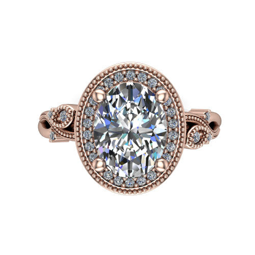 Eliana oval halo engagement ring in 14K Rose Gold, top-down view showing the center diamond framed by a milgrain-edged pav&eacute; halo