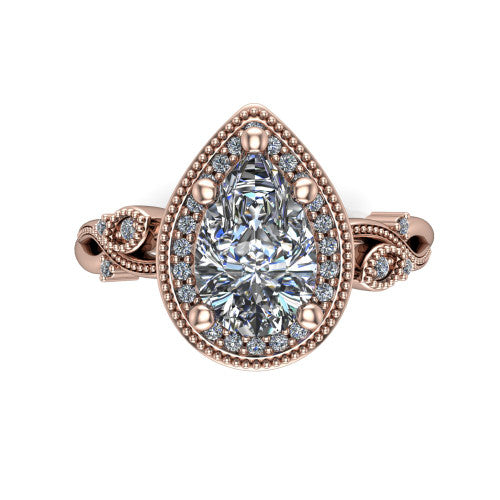 Eliana pear halo engagement ring in 18K Rose Gold, top-down view showing the center diamond framed by a milgrain-edged pav&eacute; halo