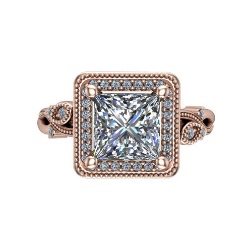 Eliana princess halo engagement ring in 14K Rose Gold, top-down view showing the center diamond framed by a milgrain-edged pav&eacute; halo