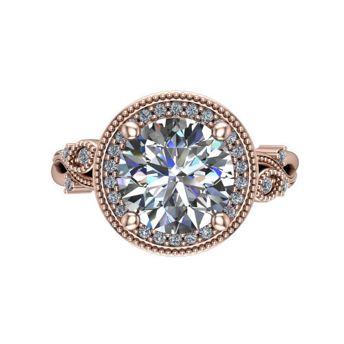 Eliana round halo engagement ring in 14K Rose Gold, top-down view showing the center diamond framed by a milgrain-edged pav&eacute; halo