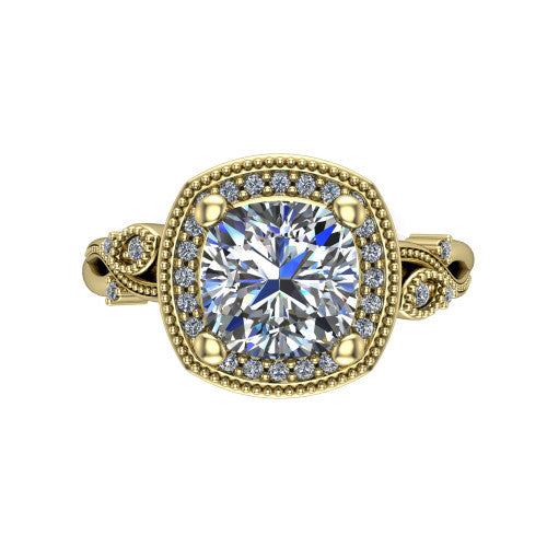 Eliana cushion halo engagement ring in 18K Yellow Gold, top-down view showing the center diamond framed by a milgrain-edged pav&eacute; halo
