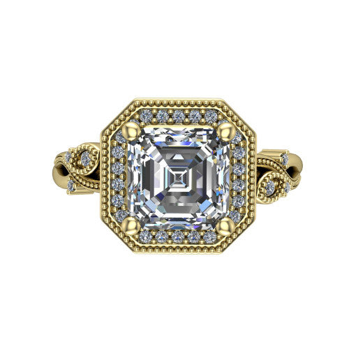 Eliana emerald halo engagement ring in 14K Yellow Gold, top-down view showing the center diamond framed by a milgrain-edged pav&eacute; halo