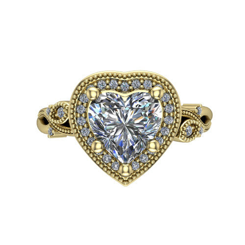 Eliana heart halo engagement ring in 14K Yellow Gold, top-down view showing the center diamond framed by a milgrain-edged pav&eacute; halo