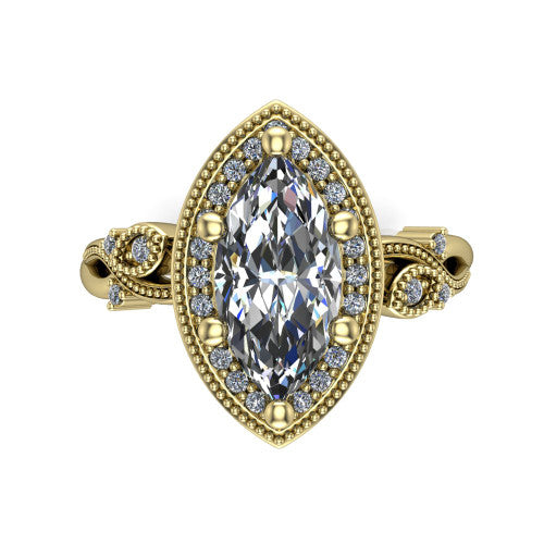 Eliana marquise halo engagement ring in 14K Yellow Gold, top-down view showing the center diamond framed by a milgrain-edged pav&eacute; halo