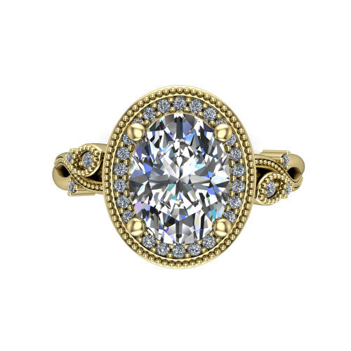Eliana oval halo engagement ring in 14K Yellow Gold, top-down view showing the center diamond framed by a milgrain-edged pav&eacute; halo