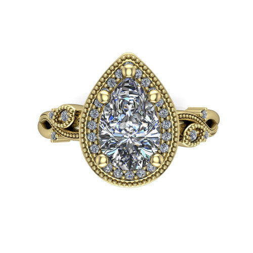 Eliana pear halo engagement ring in 14K Yellow Gold, top-down view showing the center diamond framed by a milgrain-edged pav&eacute; halo