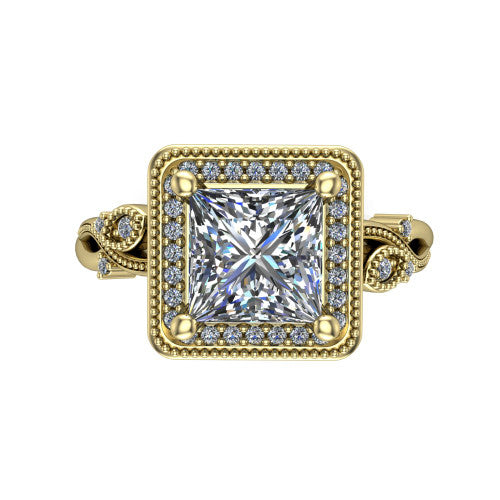 Eliana princess halo engagement ring in 14K Yellow Gold, top-down view showing the center diamond framed by a milgrain-edged pav&eacute; halo