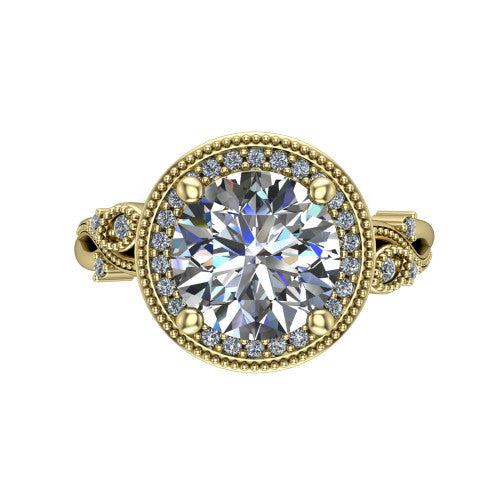 Eliana round halo engagement ring in 18K Yellow Gold, top-down view showing the center diamond framed by a milgrain-edged pav&eacute; halo