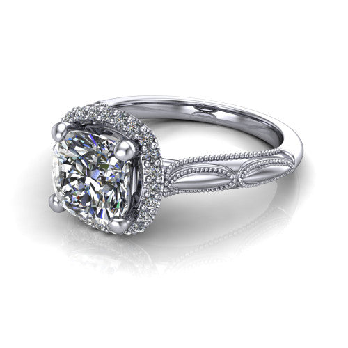 Caroline cushion vintage halo engagement ring in 14K White Gold, three-quarter perspective showing the cushion center in a squared pav&eacute; milgrain halo above an openwork split shank