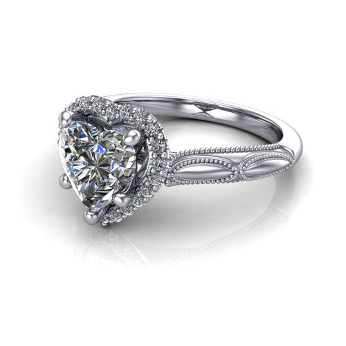 Caroline heart vintage halo engagement ring in 14K White Gold, three-quarter perspective showing the heart center in a squared pav&eacute; milgrain halo above an openwork split shank
