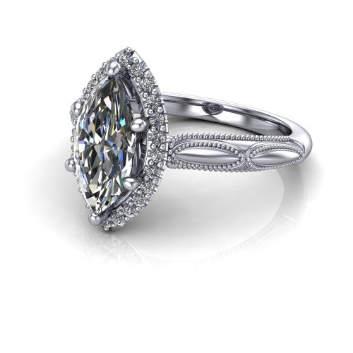 Caroline marquise vintage halo engagement ring in 18K White Gold, three-quarter perspective showing the marquise center in a squared pav&eacute; milgrain halo above an openwork split shank