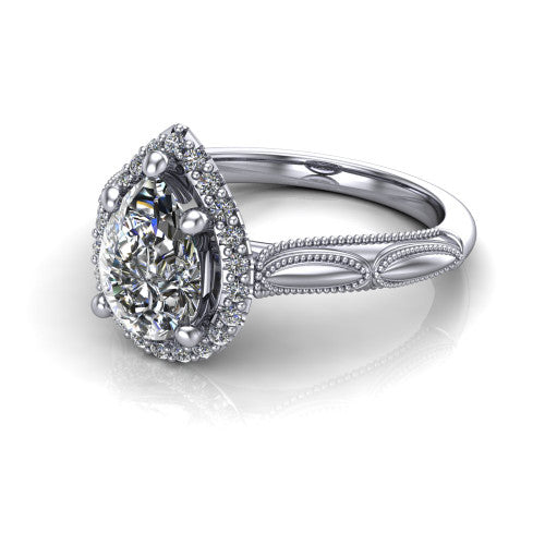 Caroline pear vintage halo engagement ring in 18K White Gold, three-quarter perspective showing the pear center in a squared pav&eacute; milgrain halo above an openwork split shank
