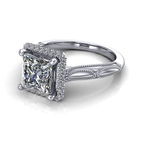 Caroline princess vintage halo engagement ring in 14K White Gold, three-quarter perspective showing the princess center in a squared pav&eacute; milgrain halo above an openwork split shank