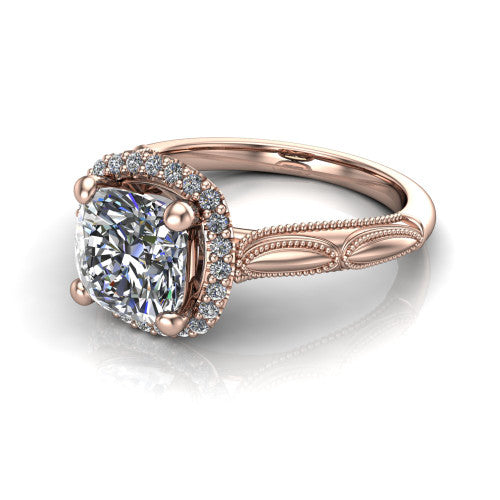 Caroline cushion vintage halo engagement ring in 18K Rose Gold, three-quarter perspective showing the cushion center in a squared pav&eacute; milgrain halo above an openwork split shank