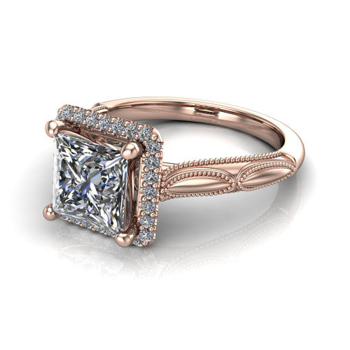 Caroline princess vintage halo engagement ring in 14K Rose Gold, three-quarter perspective showing the princess center in a squared pav&eacute; milgrain halo above an openwork split shank