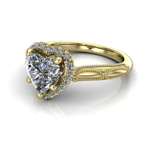 Caroline heart vintage halo engagement ring in 14K Yellow Gold, three-quarter perspective showing the heart center in a squared pav&eacute; milgrain halo above an openwork split shank
