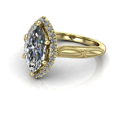 Caroline marquise vintage halo engagement ring in 18K Yellow Gold, three-quarter perspective showing the marquise center in a squared pav&eacute; milgrain halo above an openwork split shank