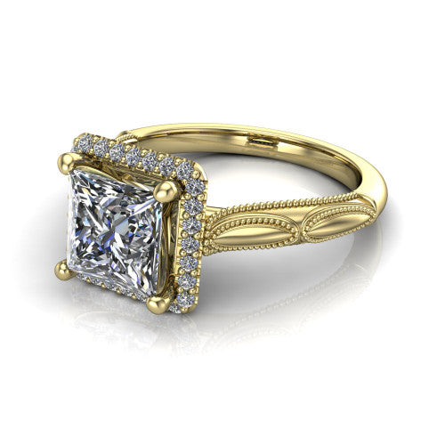 Caroline princess vintage halo engagement ring in 14K Yellow Gold, three-quarter perspective showing the princess center in a squared pav&eacute; milgrain halo above an openwork split shank