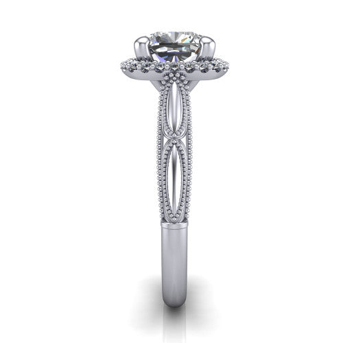 Caroline cushion vintage halo engagement ring in 18K White Gold, side profile showing the openwork milgrain split shank and the squared halo in profile