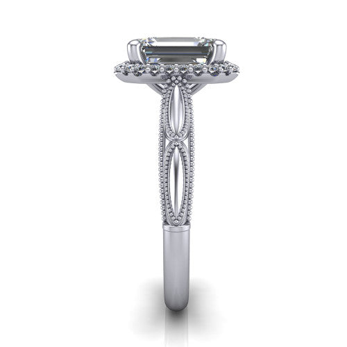 Caroline emerald vintage halo engagement ring in Platinum, side profile showing the openwork milgrain split shank and the squared halo in profile