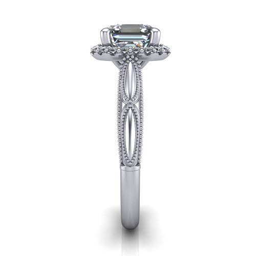 Caroline square emerald vintage halo engagement ring in Platinum, side profile showing the openwork milgrain split shank and the squared halo in profile