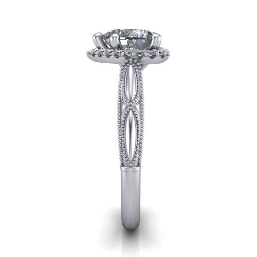 Caroline heart vintage halo engagement ring in Platinum, side profile showing the openwork milgrain split shank and the squared halo in profile