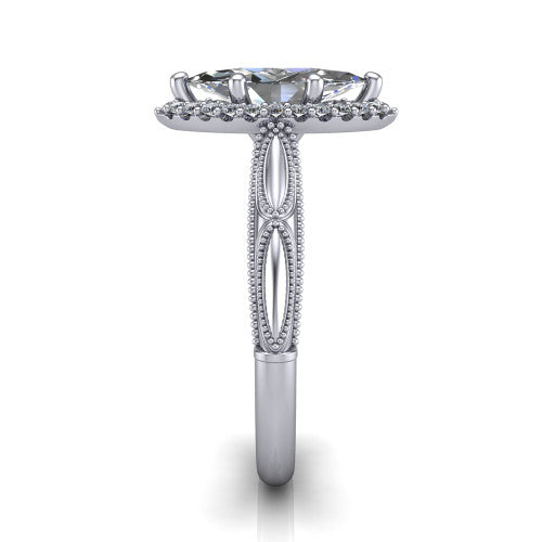 Caroline marquise vintage halo engagement ring in 14K White Gold, side profile showing the openwork milgrain split shank and the squared halo in profile