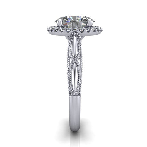 Caroline oval vintage halo engagement ring in 14K White Gold, side profile showing the openwork milgrain split shank and the squared halo in profile