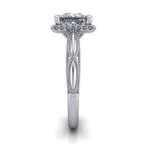 Caroline princess vintage halo engagement ring in Platinum, side profile showing the openwork milgrain split shank and the squared halo in profile