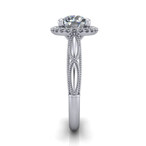 Caroline round vintage halo engagement ring in Platinum, side profile showing the openwork milgrain split shank and the squared halo in profile
