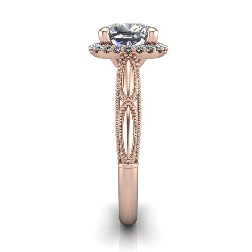 Caroline cushion vintage halo engagement ring in 14K Rose Gold, side profile showing the openwork milgrain split shank and the squared halo in profile