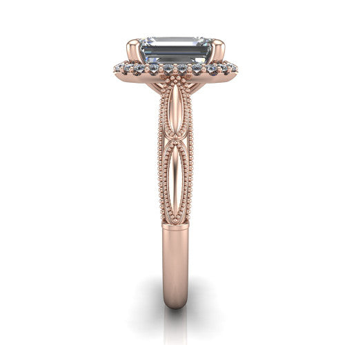 Caroline emerald vintage halo engagement ring in 14K Rose Gold, side profile showing the openwork milgrain split shank and the squared halo in profile