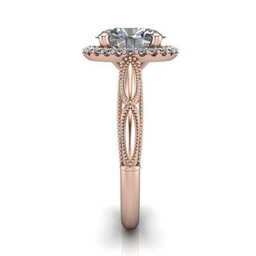 Caroline oval vintage halo engagement ring in 18K Rose Gold, side profile showing the openwork milgrain split shank and the squared halo in profile
