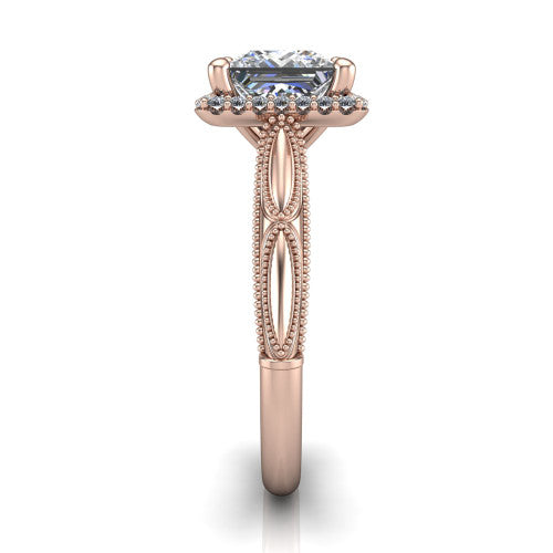 Caroline princess vintage halo engagement ring in 18K Rose Gold, side profile showing the openwork milgrain split shank and the squared halo in profile