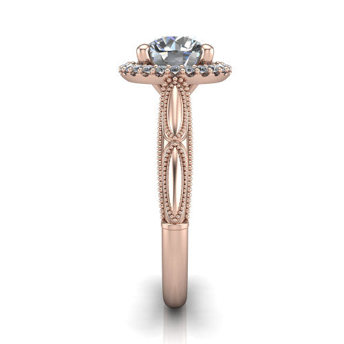 Caroline round vintage halo engagement ring in 18K Rose Gold, side profile showing the openwork milgrain split shank and the squared halo in profile