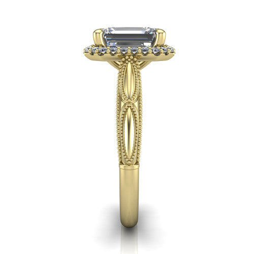 Caroline emerald vintage halo engagement ring in 14K Yellow Gold, side profile showing the openwork milgrain split shank and the squared halo in profile