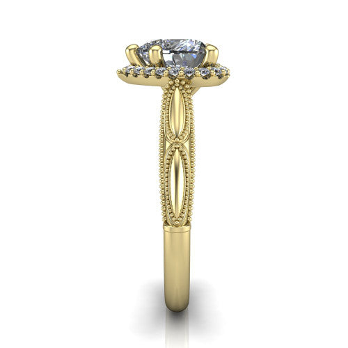 Caroline heart vintage halo engagement ring in 14K Yellow Gold, side profile showing the openwork milgrain split shank and the squared halo in profile