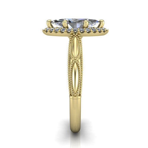 Caroline marquise vintage halo engagement ring in 18K Yellow Gold, side profile showing the openwork milgrain split shank and the squared halo in profile