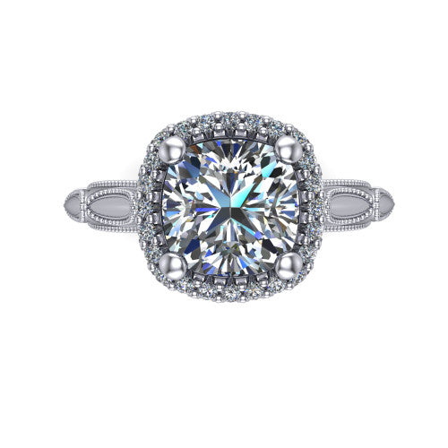 Caroline cushion vintage halo engagement ring in 18K White Gold, top-down view showing the squared pav&eacute; halo framing the cushion center with milgrain edges