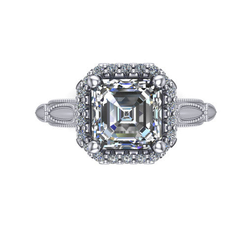 Caroline square emerald vintage halo engagement ring in 18K White Gold, top-down view showing the squared pav&eacute; halo framing the square emerald center with milgrain edges