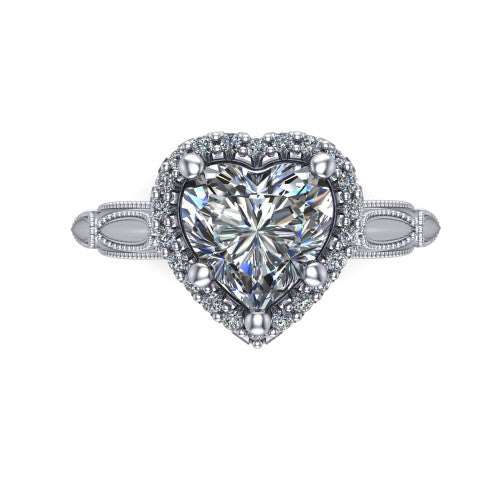 Caroline heart vintage halo engagement ring in 14K White Gold, top-down view showing the squared pav&eacute; halo framing the heart center with milgrain edges