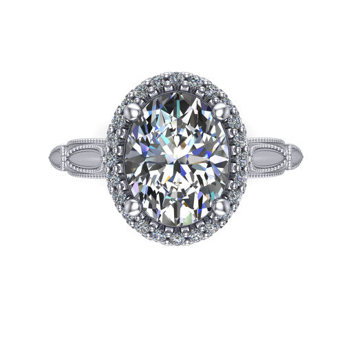 Caroline oval vintage halo engagement ring in 18K White Gold, top-down view showing the squared pav&eacute; halo framing the oval center with milgrain edges