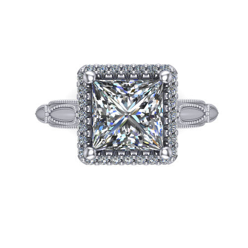 Caroline princess vintage halo engagement ring in 18K White Gold, top-down view showing the squared pav&eacute; halo framing the princess center with milgrain edges